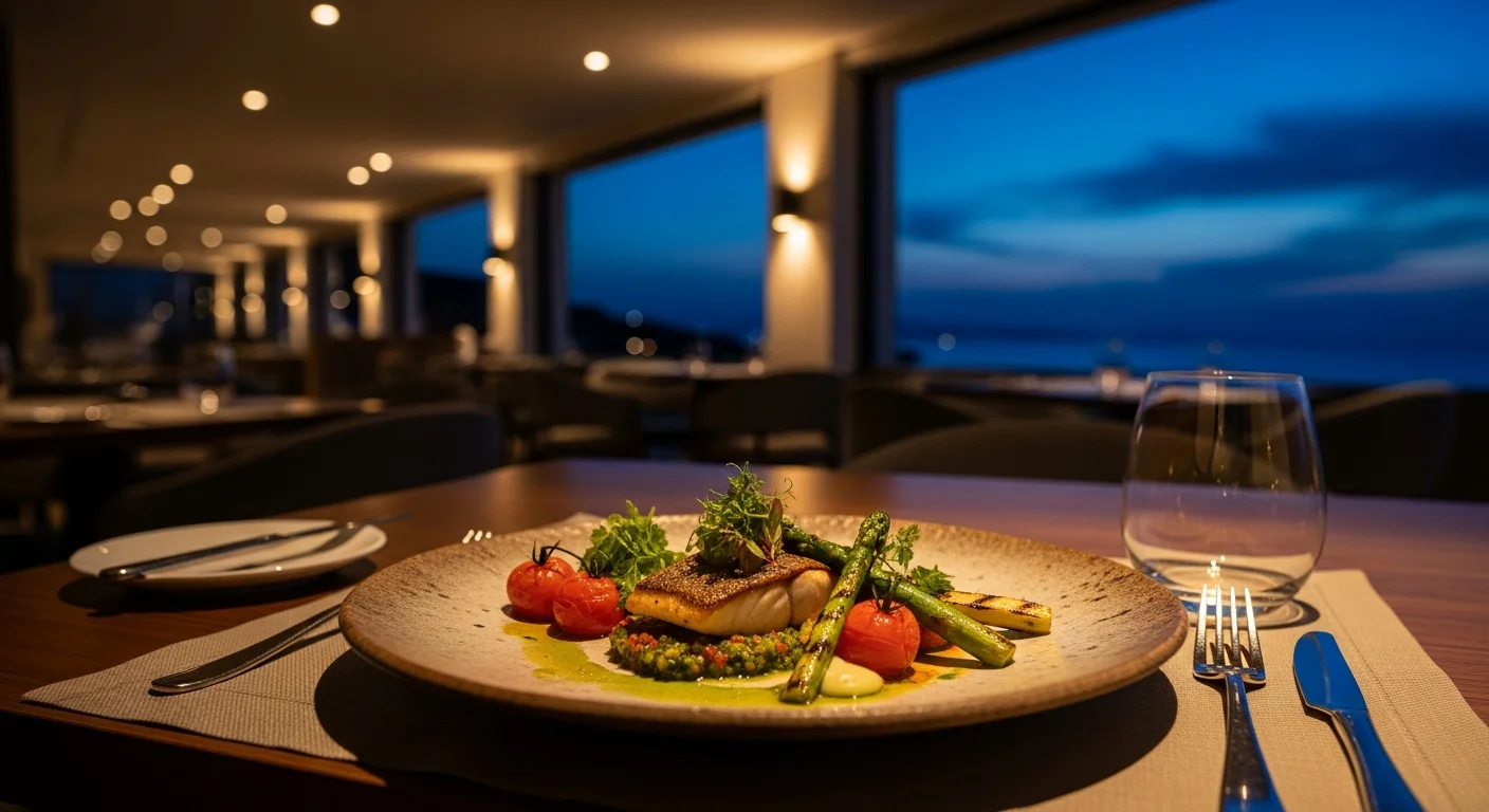 Bodrum'da deniz manzaralı lüks bir restoranda, şık bir masada sunulan yerel malzemelerle hazırlanmış modern Akdeniz tabağı.