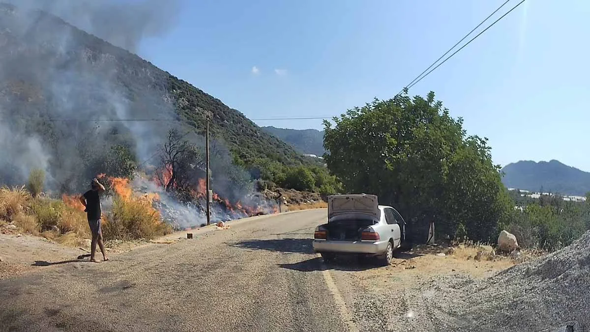 Antalya’da yol kenarındaki yangını gören tatilci aile alevlere yangın tüpüyle müdahale etti