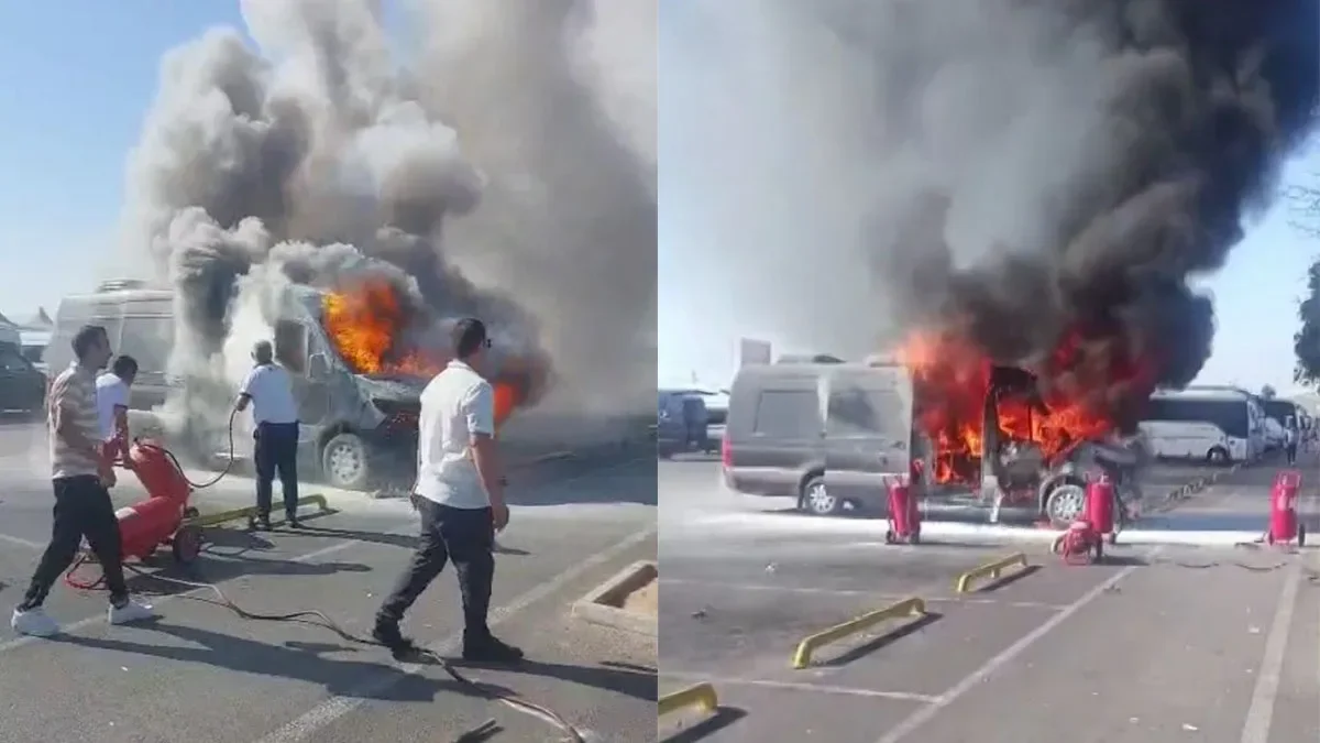 Antalya Havalimanı'nda park halindeki minibüs yandı, hızla müdahale edildi