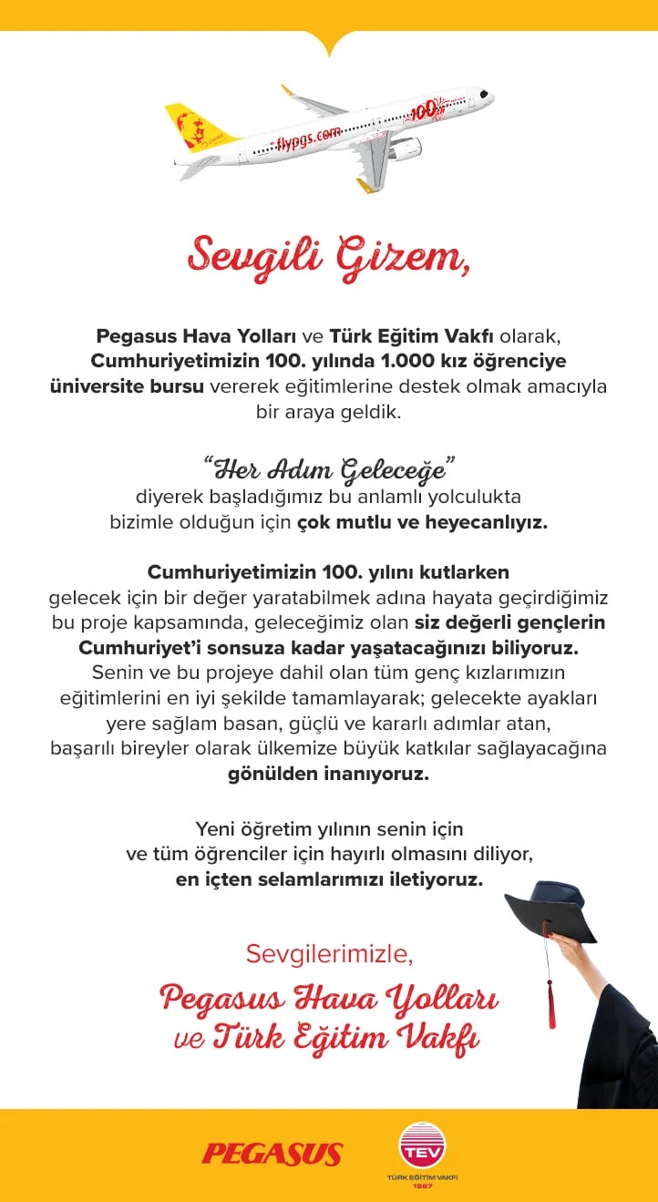 Pegasus ve TEV’den kız öğrencilere üniversite bursu