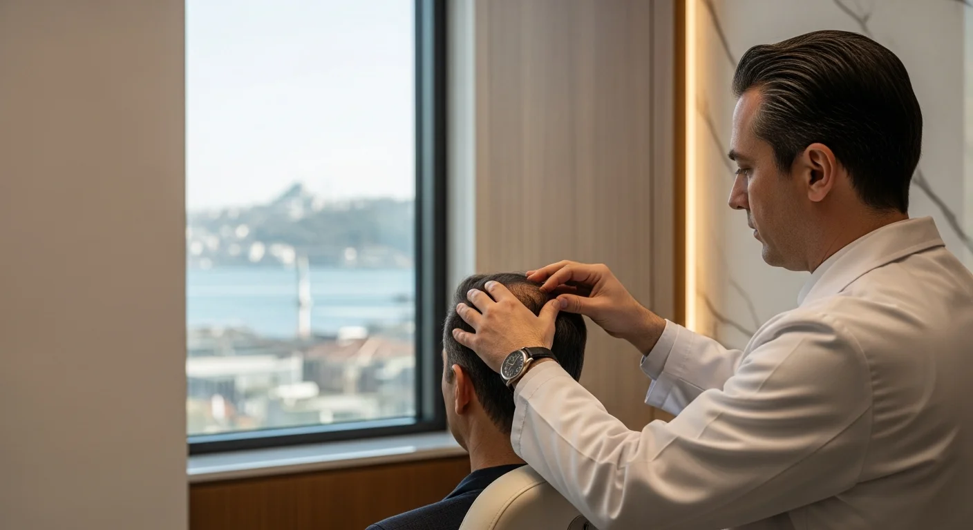 İstanbul'da lüks bir klinikte doktorun hastaya saç ekimi konsültasyonu yaptığı modern ve aydınlık muayene odası.