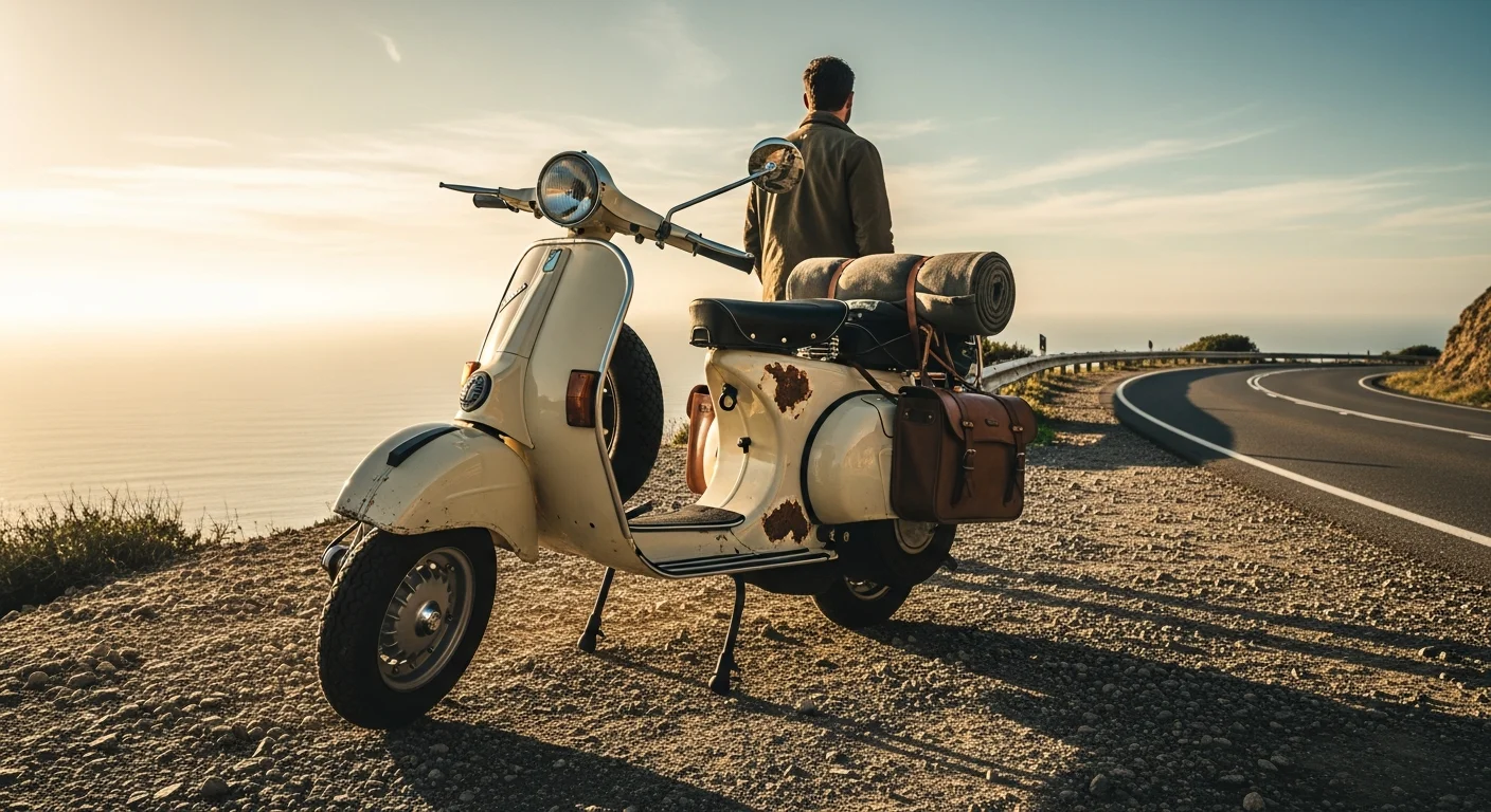 Gün batımında deniz kenarındaki yolda duran, arkasında seyahat çantaları olan klasik Vespa motosiklet ve gezgin.