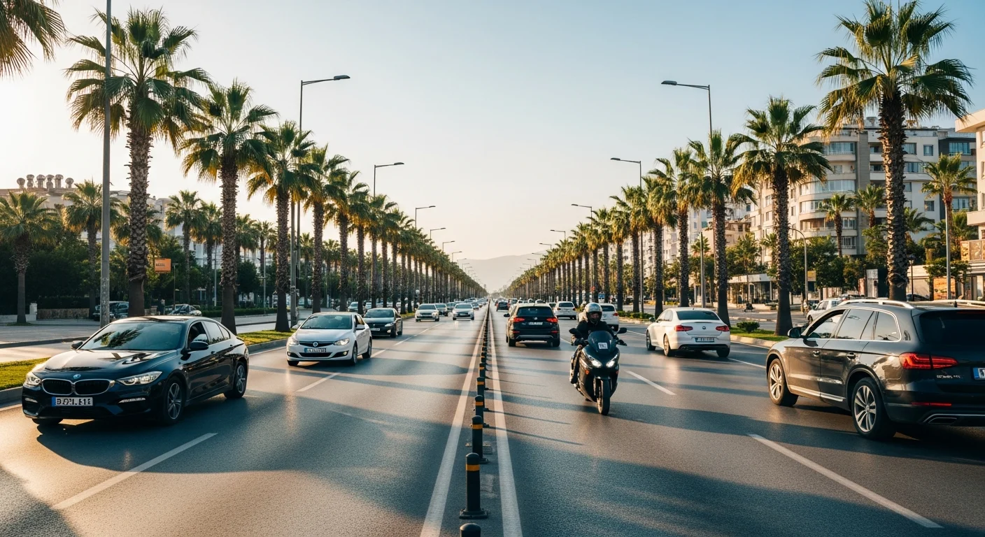 Antalya'da palmiye ağaçlarıyla çevrili modern bir bulvarda gün batımında ilerleyen arabalar ve şehir trafiği.