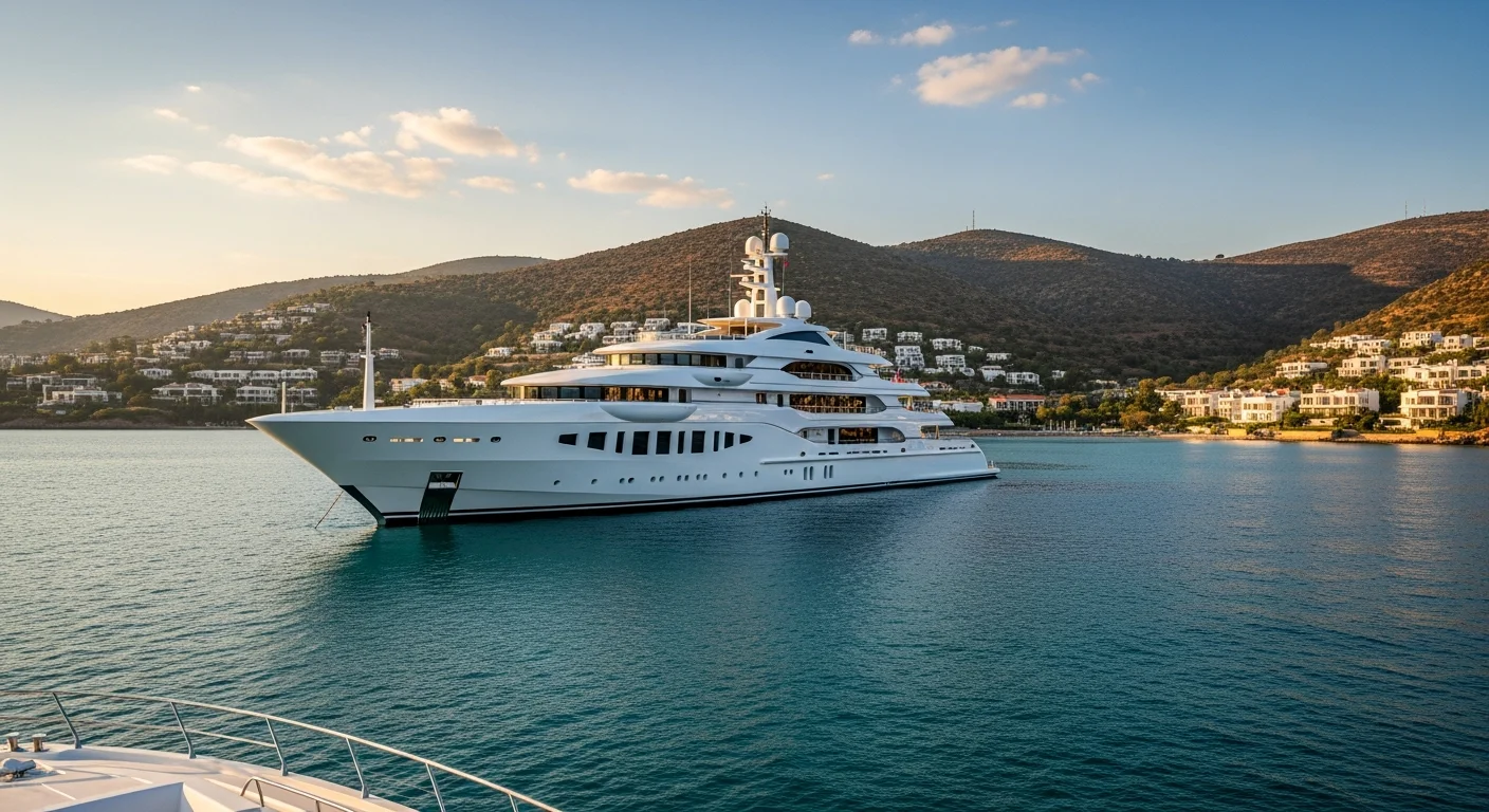 Bodrum Yalıkavak açıklarında, gün batımı ışığında süzülen devasa ve lüks bir mega yatın deniz üzerindeki görünümü.