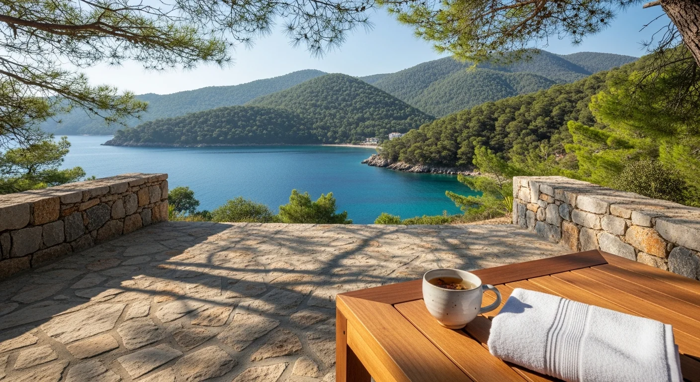 Marmaris'te çam ormanları ve deniz manzaralı lüks bir tatil evinin gün batımındaki modern ve huzurlu terası.