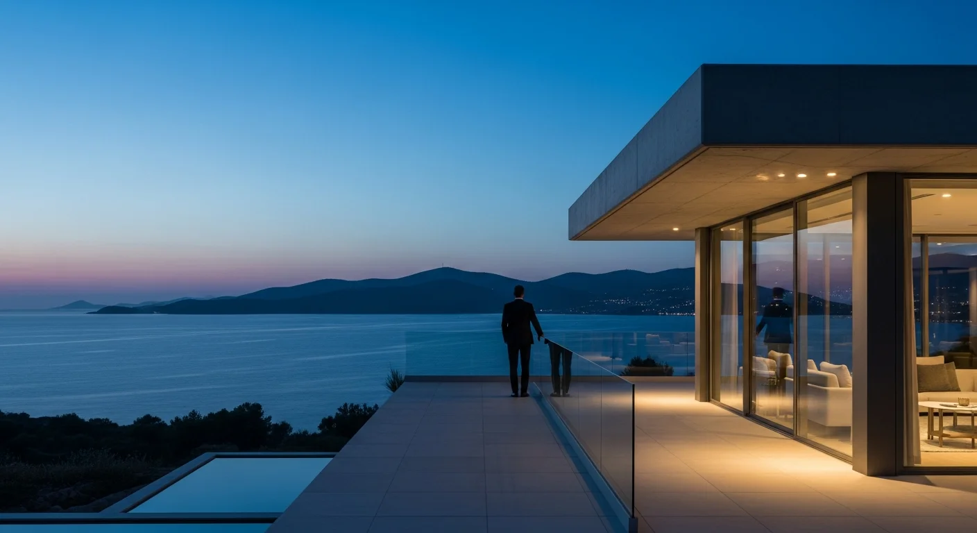 Bodrum'da alacakaranlıkta deniz manzaralı lüks bir otel terasında arkası dönük duran takım elbiseli bir kişi.