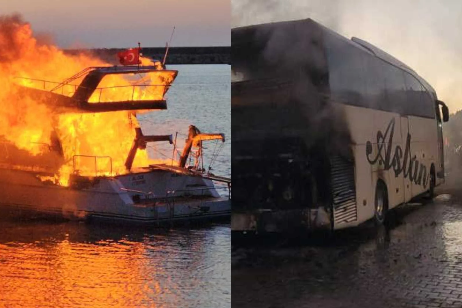 Turizm firmasına ait otobüs ve tekneyi kundakladılar