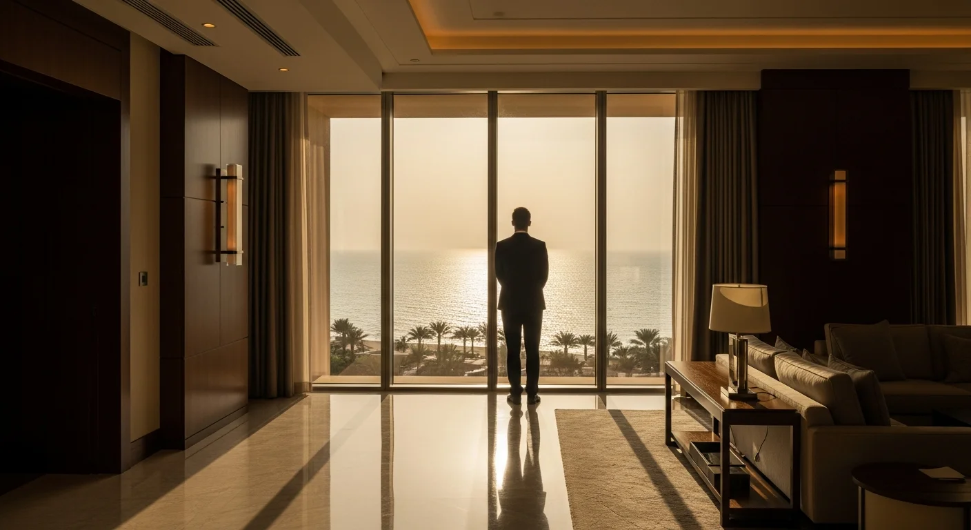 Dubai'deki lüks bir otel süitinde gün batımında pencereden dışarıyı izleyen takım elbiseli otel yöneticisi.