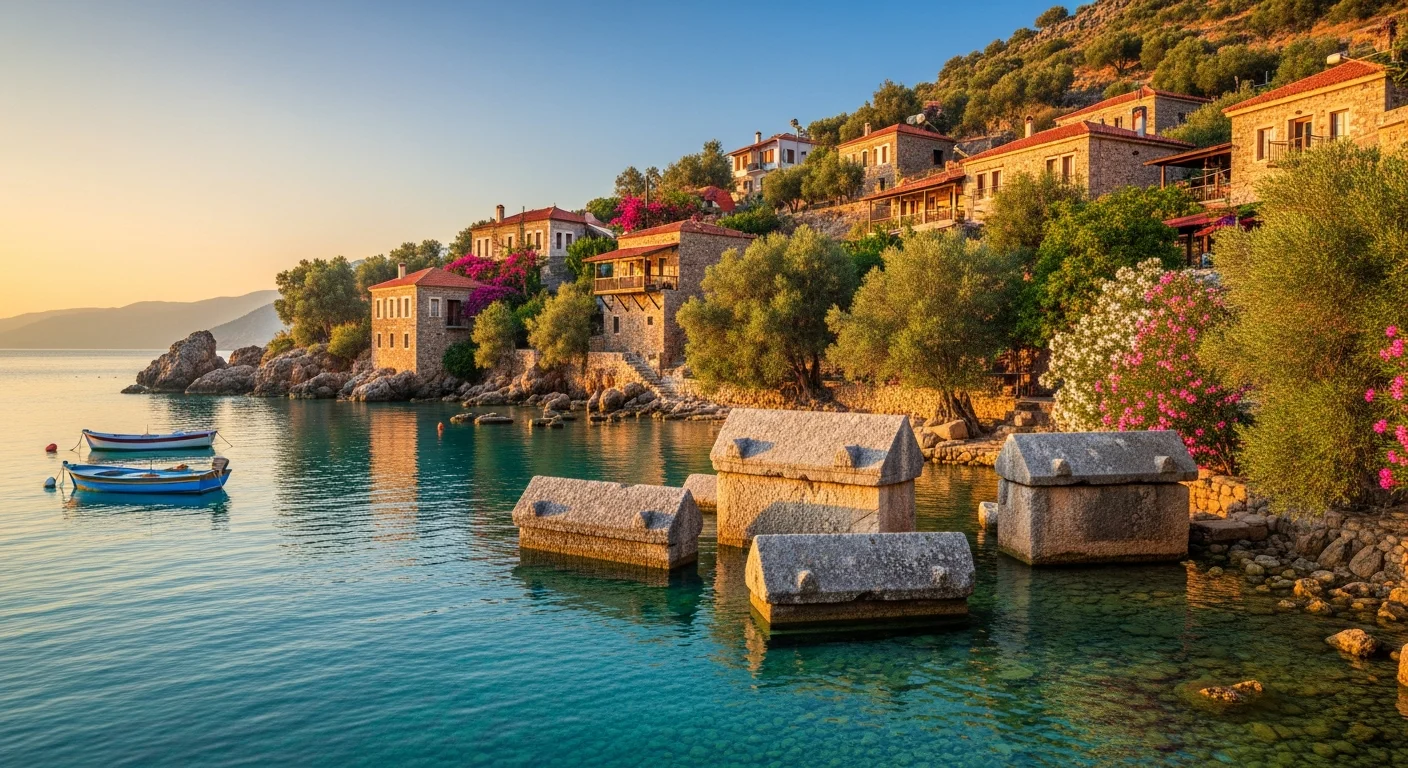 Antalya Demre'deki Kale Üçağız köyünün gün batımında tarihi Likya lahitleri ve turkuaz deniziyle huzurlu manzarası.