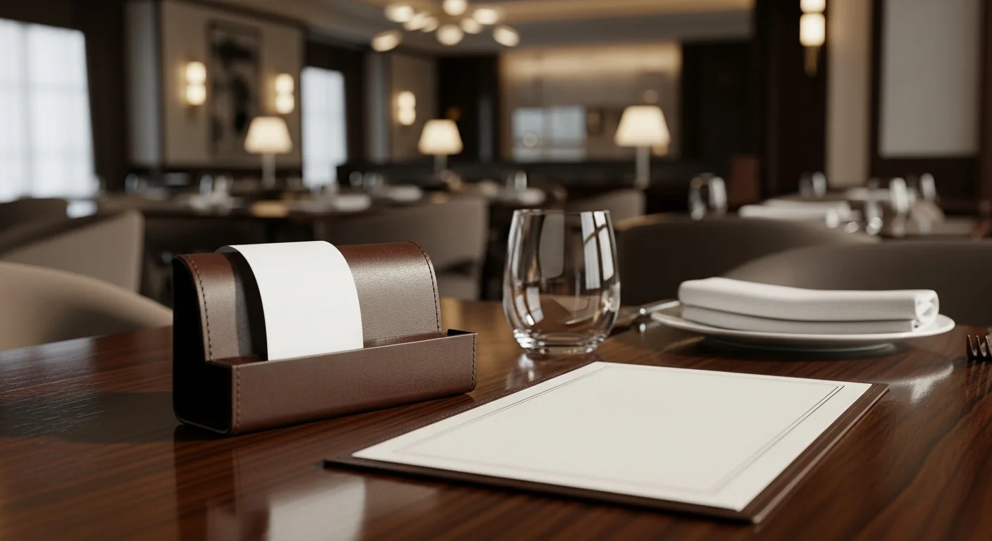 Modern bir restoran masası üzerinde yer alan deri hesap sümeni, boş menü kartı, su bardağı ve keten peçete detayı.