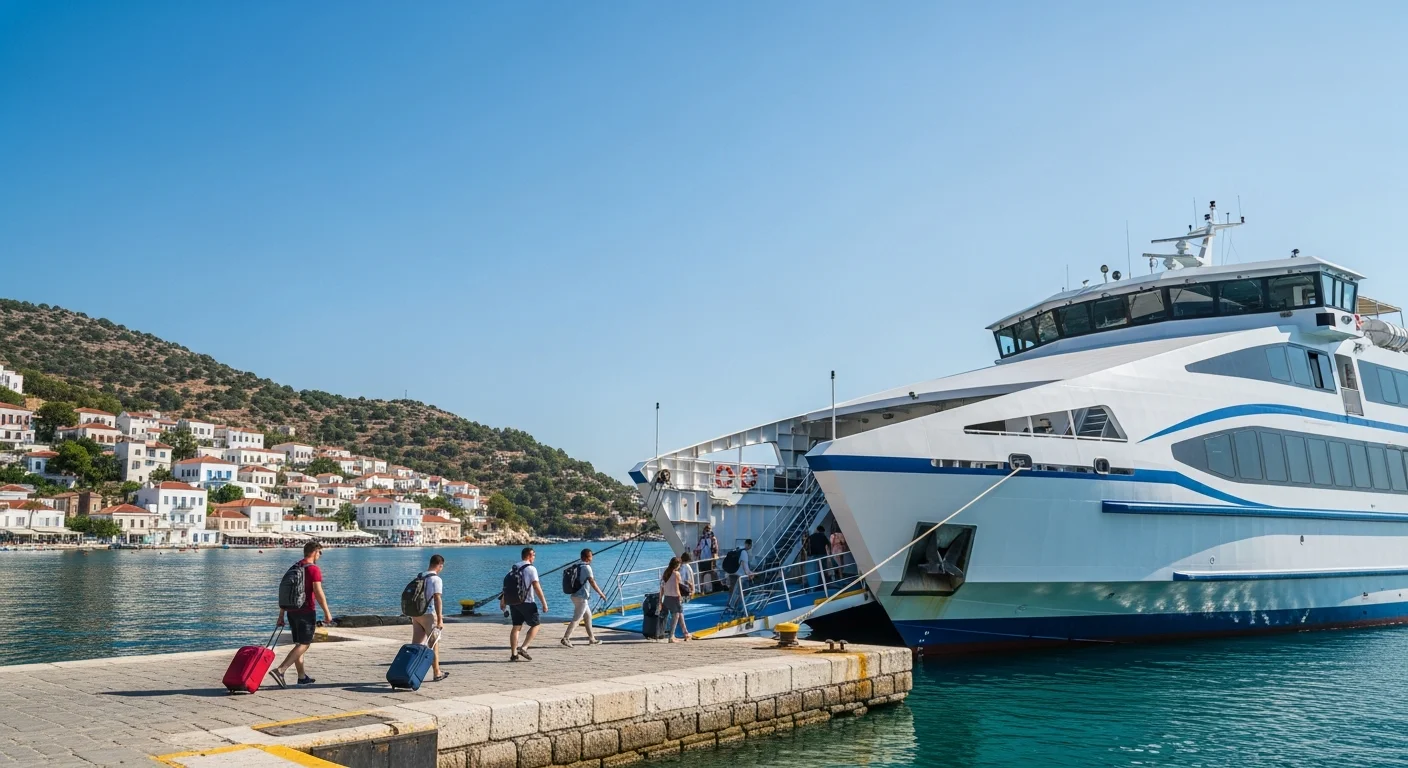Ege kıyısındaki güneşli bir limanda bekleyen modern yolcu gemisi, arkada beyaz evler ve rıhtımda yürüyen yolcular.