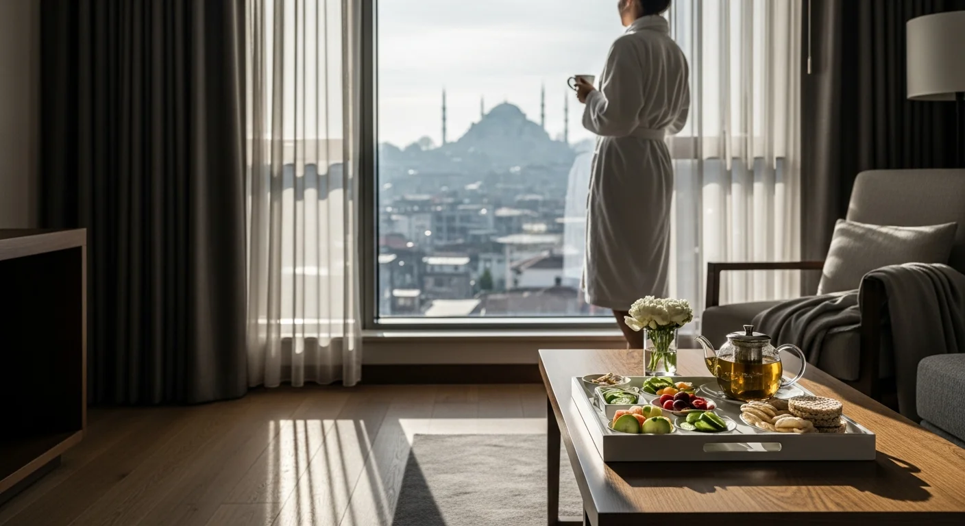 İstanbul'da lüks bir otel odasında, sabah ışığında pencereden şehre bakan misafir ve sağlıklı yaşam detayları.