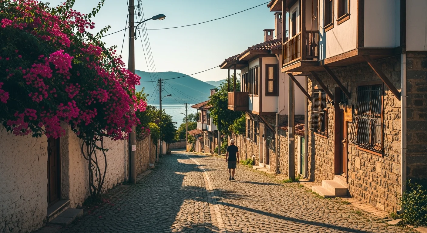 Arnavut kaldırımlı dar sokakları, taş evleri ve begonvilleriyle sakin bir Türk köyünde sabah saatlerinde huzurlu bir manzara.