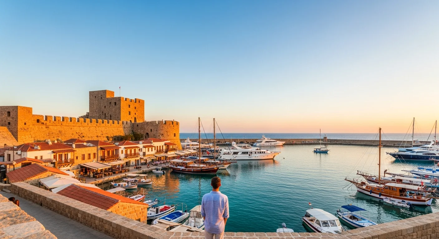 Kuzey Kıbrıs'ın tarihi Girne Limanı'nda gün batımında tekneler, tarihi kale ve manzarayı izleyen bir turist.