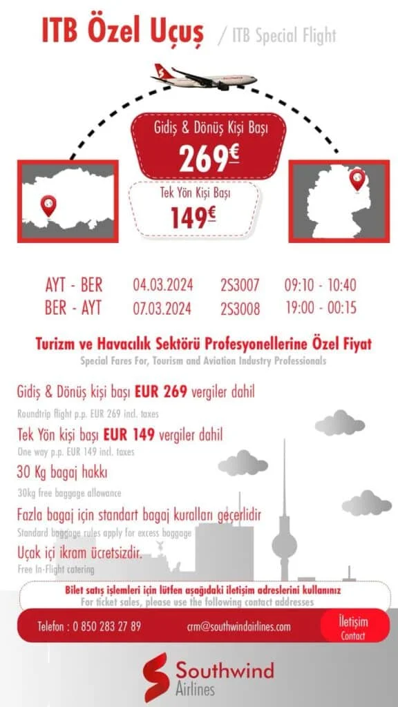 Southwind Airlines’tan, Antalya’dan ITB Berlin’e özel uçuş