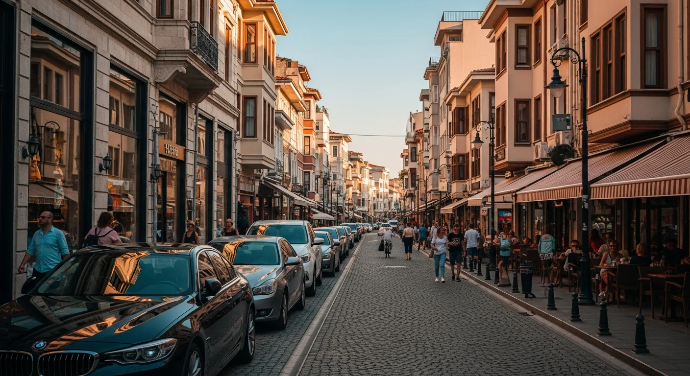 Yaz aylarında gurbetçilerin gelişiyle hareketlenen, lüks araçların ve dükkanların yer aldığı hareketli bir ilçe caddesi.