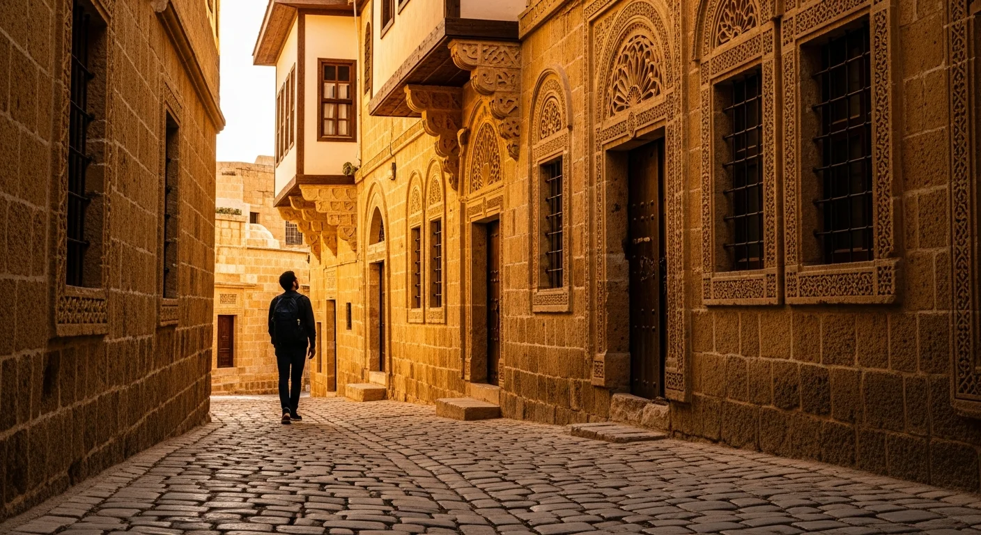 Midyat'ın tarihi taş sokaklarında altın saat ışığında yürüyen bir gezgin ve geleneksel taş evlerin mimari detayları.